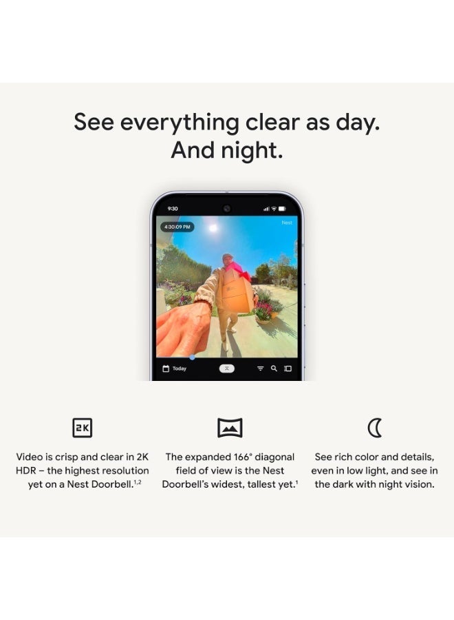 جوجل Google Nest Doorbell (Wired, 3rd Gen) - 2K Video and Gemini, Live View, Night Vision, 2-Way Audio - Works with Google Home - 2025 Model - Snow - Image 5